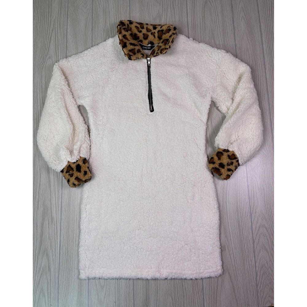 ChicMe‎ White Fuzzy Leopard Trim Quarter Zip Sherpa Dress Size L